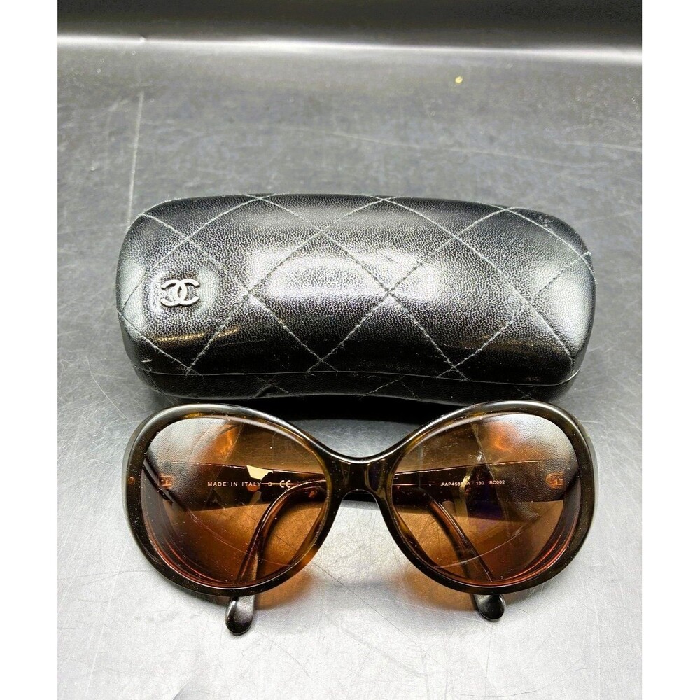 Chanel Vintage Oval Wrap Sunglasses Tortoise Shell Quilted Leather 5116-Q